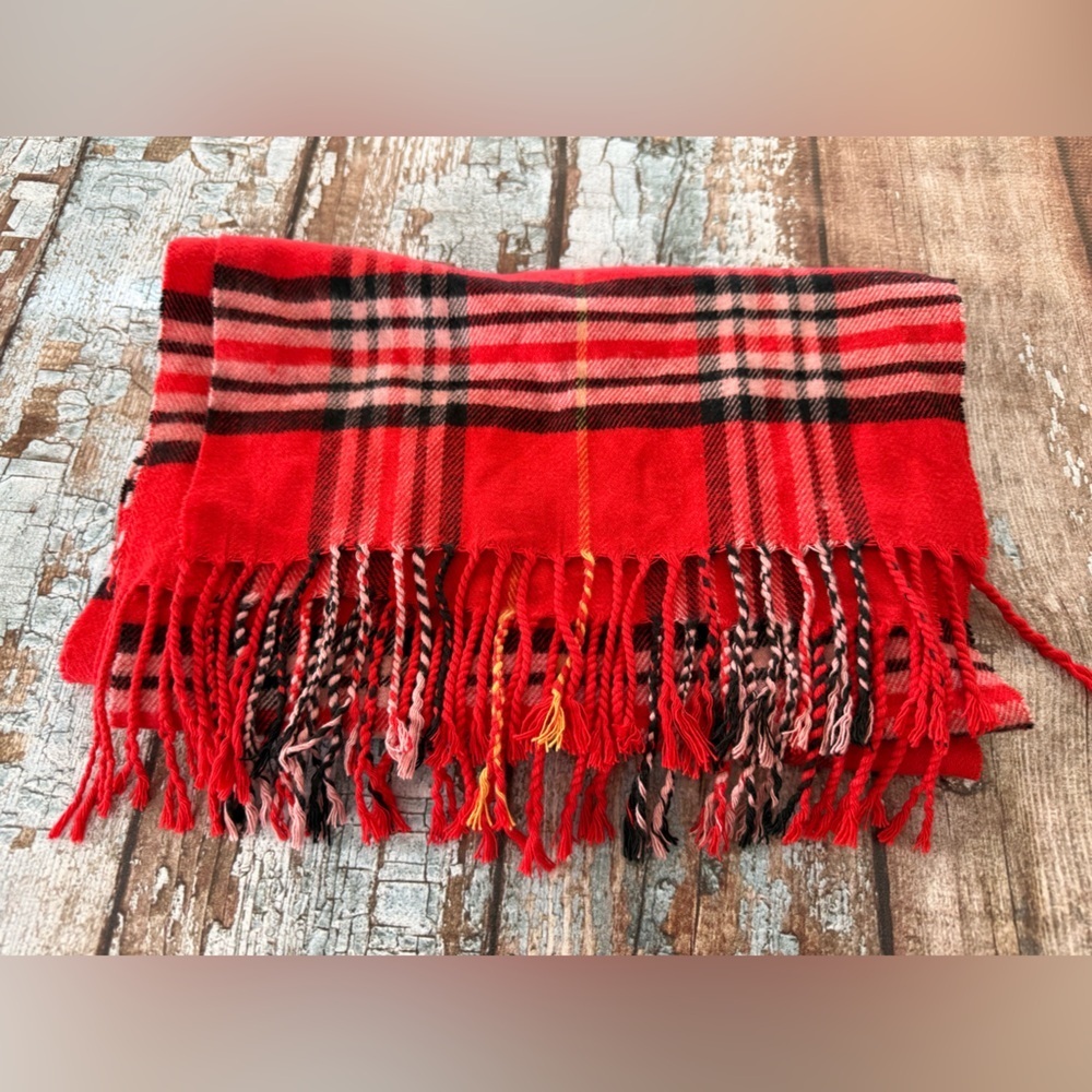 Orange Red 💯 Cashmere Made in Scotland Plaid Cashmere Scarf - Picture 3 of 4
